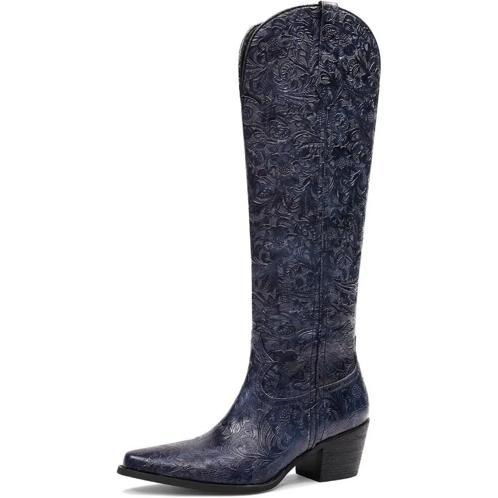 Women's Blue Knee High Western Pointed Toe Comfortable Chunky Heel Boots - Picture 1 of 6